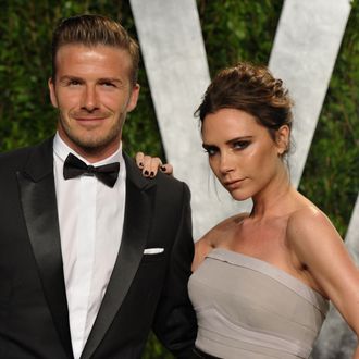 Athlete David Beckham and fashion designer Victoria Beckham arrive at the 2012 Vanity Fair Oscar Party hosted by Graydon Carter at Sunset Tower on February 26, 2012 in West Hollywood, California.