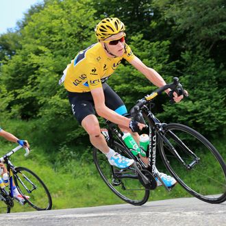 Race leader Chris Froome of Great Britain and Sky Procycling is followed by Alberto Contador of Spain and Team Saxo-Tinko on the decent of the Col De Mente during stage nine of the 2013 Tour de France, a 16805KM road stage from Saint-Girons to Bagneres-de-Bigorre, on July 7, 2013 in Bagneres-de-Bigorre, France.