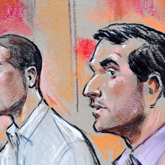 In this artist's drawing Wesam El-Hanafi, left, and Sabirhan Hasanoff are seen during their initial appearance on terrorism related charges at U.S. District Court in Alexandria, Va., on Friday, April 30, 2010. (AP Photo/William Hennessy, Jr.) **NO SALES, WASHINGTON POST OUT, WASHINGTON TIMES OUT**