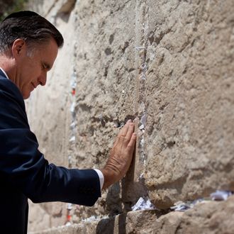 US Republican presidential candidate Mitt Romney visits the Western Wall on July 29, 2012 in Jerusalem's old city, Israel. Mitt Romney visits Israel as part of a three-nation foreign tour which also includes visits to Poland and Great Britain. 