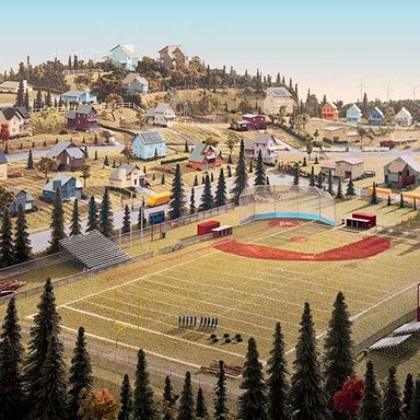 “James Casebere’s Landscape With Houses (Dutchess County) #9, 2011, is a daytime scene of a town, a New England–y kind of town with a football field, and when you turn the corner …”
