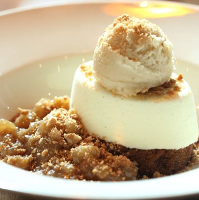 warm apple compote, spice cake, apple cider sorbet, oatmeal streusel