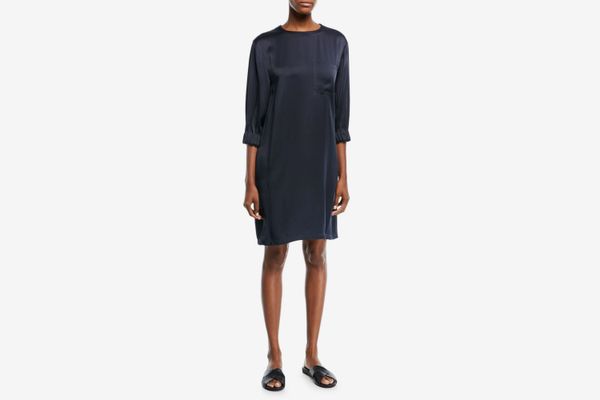 Vince Crewneck 3/4-Sleeve Gathered Satin Shift Dress