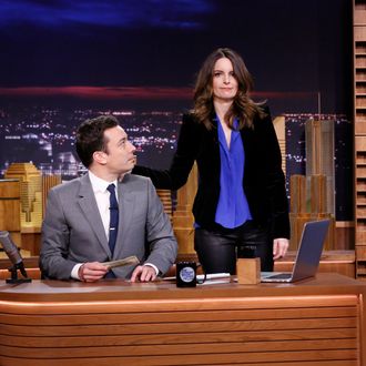THE TONIGHT SHOW STARRING JIMMY FALLON -- Episode 0001 -- Pictured: (l-r) Host Jimmy Fallon and actress Tina Fey on February 17, 2014 -- (Photo by: Lloyd Bishop/NBC/NBCU Photo Bank)
