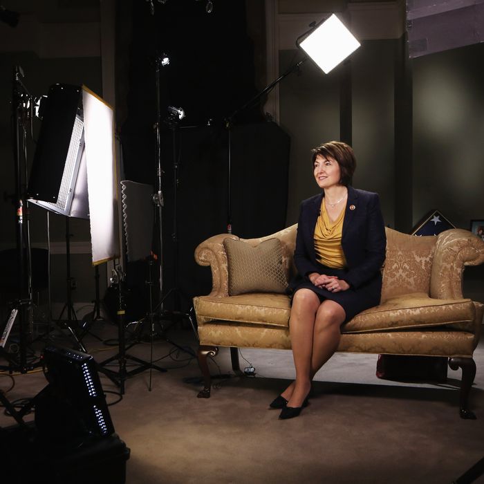 U.S. Rep. Cathy McMorris Rodgers (R-WA) sits on a couch as she prepares for responding to President Barack Obama tonight's State of the Union address January 28, 2014 on Capitol Hill in Washington, DC. McMorris Rodgers, the chair of the House Republican Conference, was picked to deliver the response.