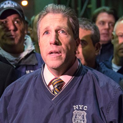 21 Dec 2014, New York City, New York State, USA --- New York City Patrolmen's Benevolent Association president Pat Lynch speaks to the media at Woodhull Hospital about the two New York Police officers who were shot dead in the Brooklyn borough of New York, December 20, 2014. 