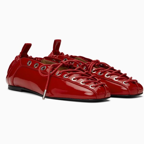 Ganni Red Lace-Up Ballerina Flats