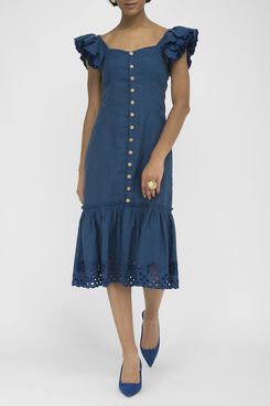 Fanm Mon Patara Indigo Blue Linen Button Front Embroidered Midi Dress