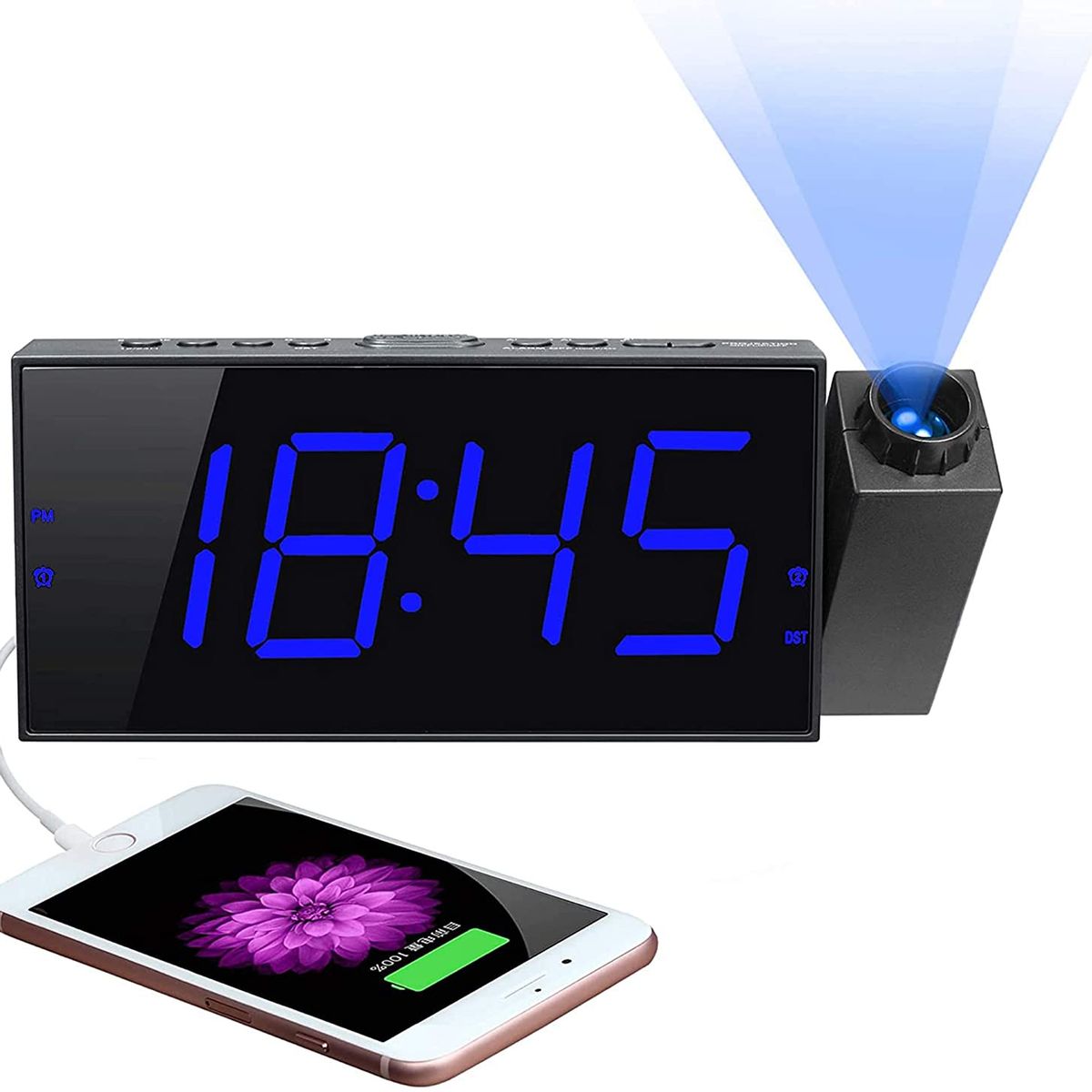 Battery Backup USB Charger 6 Large LED Screen Alarm Clock Projection Digital Alarm Clock with FM Radio Alarm Clock with Projection on Ceiling Super Loud Dual Alarm Clock for Heavy Sleepers Adult 