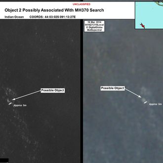 INDIAN OCEAN - In this handout Satellite image made available by the AMSA (Australian Maritime Safety Authority) on March 20, 2014, objects that may be possible debris of the missing Malaysia Airlines Flight MH370 are shown in a revised area 185 km to the south east of the original search area. The imagery has been analysed by specialists in Australian GeoSpacial-Intelligence Organisation and is considered to provide a possible sighting of objects that has resulted in a refinement of the search area. Two objects possibly connected to the search for the passenger liner, missing for nearly two weeks after disappearing on a flight from Kuala Lumpur, Malaysia to Beijing, have been spotted in the southern Indian Ocean, according to published reports quoting Australian Prime Minister Tony Abbott. (Photo by DigitalGlobe/AMSA via Getty Images)