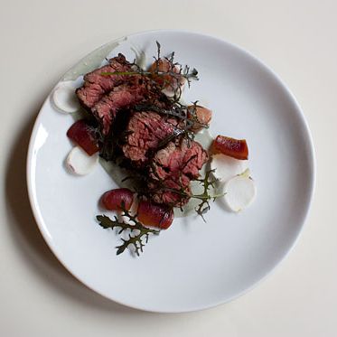 pickled cippolini, baby turnip, red mustard greens, Bayley Hazen puree