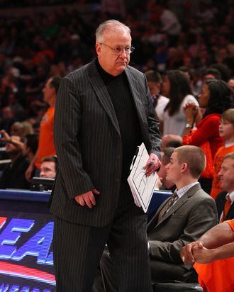 NEW YORK - MARCH 12: Assistant coach Bernie Fine of the Syracuse Orange looks on from the sidelines during their game against the Connecticut Huskies during the quarterfinals of the Big East Tournament at Madison Square Garden on March 12, 2009 in New York City. (Photo by Jim McIsaac/Getty Images) *** Local Caption *** Bernie Fine