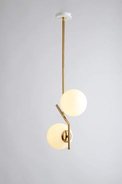 BOKT Mid-Century-Modern Gold Two-Light Chandelier With White Frosted-Glass Globes