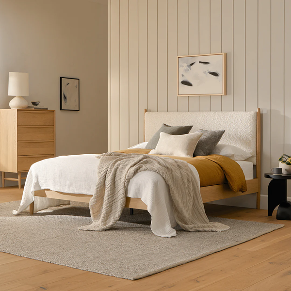 Article Lenia Queen Upholstered Bed - White Oak and Lunaria White Bouclé - King