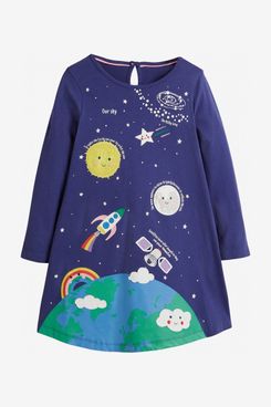 Mini Boden Kids' Space Big Appliqué Long Sleeve Cotton Dress