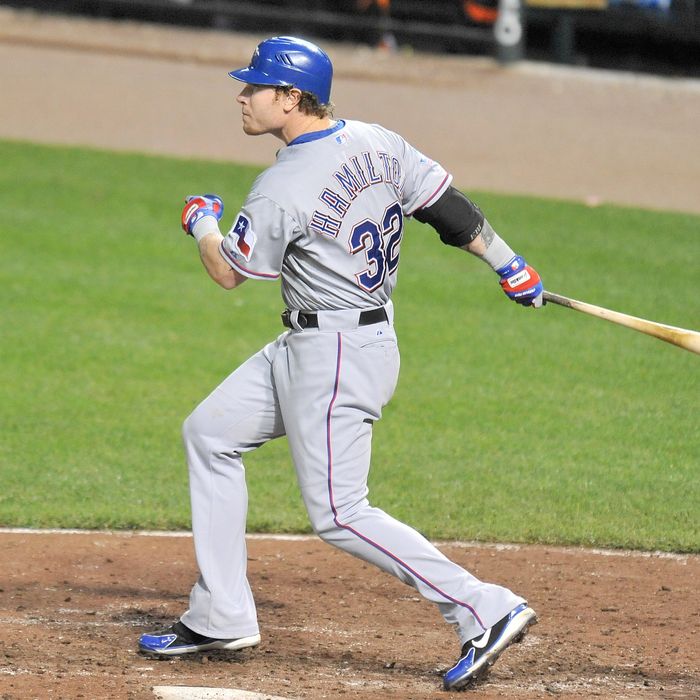 Josh Hamilton #10 of the Texas Rangers hits a home run in the eighth inning during a baseball game against the Baltimore Orioles at Oriole Park at Camden Yards on May 8, 2012 in Baltimore, Maryland.