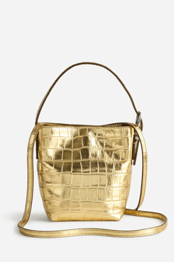 Madewell The Essential Micro Bucket Tote in Metallic Stamped Leather