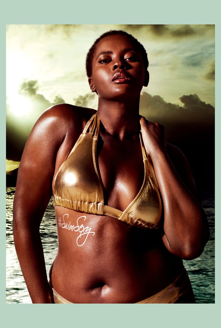 full torso photo of a female swimwear model
