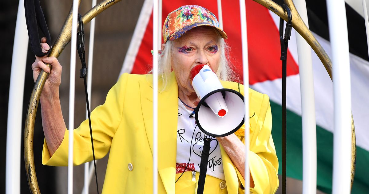 Vivienne Westwood Leads Protest in a Giant Bird Cage Vivienne Westwood Leads Protest in a Giant Bird Cage