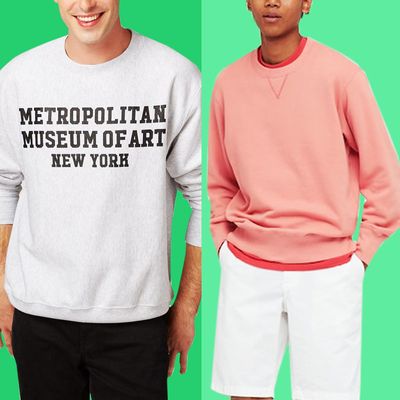 Men's Pink Crew-neck Sweater, Grey Sweatpants, White Leather High