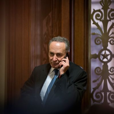 Sen. Charles Schumer, D-N.Y., third ranking in the Senate Democratic leadership, speaks on his cell phone following a closed-door caucus discussing how to avoid the 