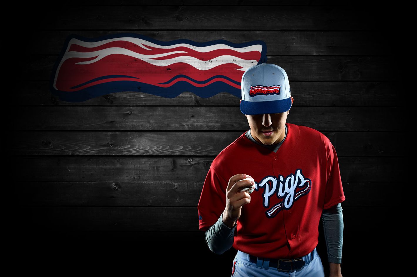 WORCESTER, MA - MAY 18: A detail view of the Bacon USA jersey worn by the  Lehigh Valley IronPigs during a AAA MiLB game between the Lehigh Valley  IronPigs and the Worcester