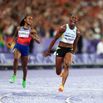 Julien Alfred of Team Saint Lucia (C) celebrates after winning the gold medal in the Women's 100m Final