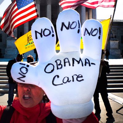 A Tea-Party supporter protest outside the US Supreme Court on the third day of oral arguments over the constitutionality of the Patient Protection and Affordable Care Act on March 28, 2012 in Washington, DC. 