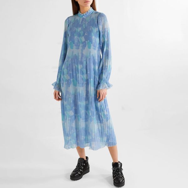 Ganni Ruffled Pleated Printed Georgette Midi Dress