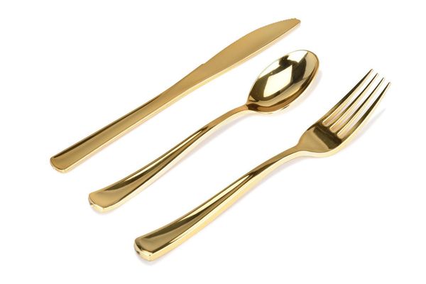 Plasticpro Disposable Heavy Duty Gold Plastic Knives Restaurants Utensils Great for Catering Events Parties and Weddings Pack of 80 Fancy Plastic Silverware Looks Like Real Gold Cutlery 