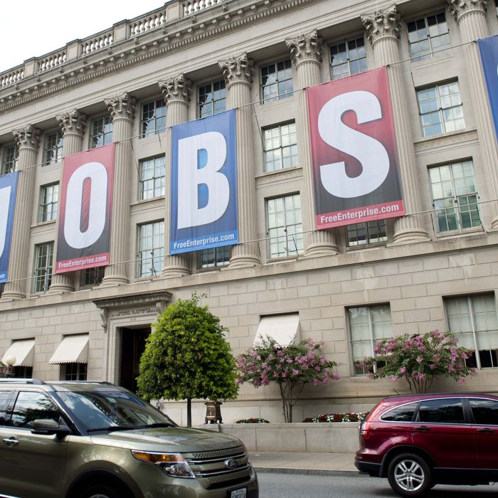 A Jobs sign is seen on the US Chamber of Commerce Building in Washington, DC, on August 2, 2013. The US unemployment rate fell to a four-year low of 7.4 percent in July as the economy added 162,000 jobs, the Labor Department said Friday in a weaker-than-expected report.