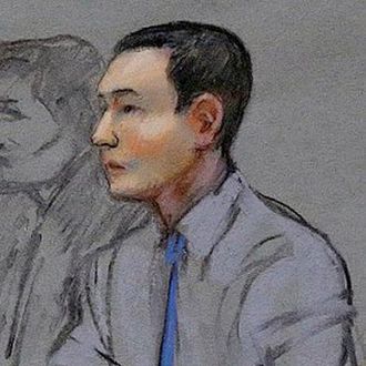 16 Jul 2014, Boston, Massachusetts, USA --- FILE - In this May 13, 2014 file courtroom sketch, defendant Azamat Tazhayakov, a college friend of Boston Marathon bombing suspect Dzhokhar Tsarnaev, sits during a hearing in federal court in Boston. Tazhayakov, of Kazakhstan, is accused with another friend of removing items from Tsarnaev's dorm room, but is not charged with participating in the bombing or knowing about it in advance. The jury began deliberating in the case Wednesday, July 16, 2014, after closing arguments in the first trial related to the 2013 bombings, which killed three people and injured more than 260. (AP Photo/Jane Flavell Collins, File) --- Image by ? Jane Flavell Collins/AP/Corbis