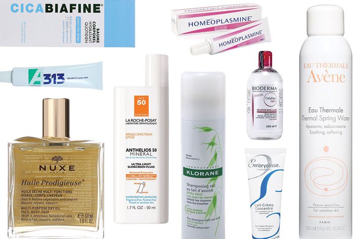 collage of embryolisse concentrated lait cream, bioderma crealine h20 micelle solution, kiorane dry shampoo, nuxe huile prodigieuse, a313 vitamin a pommade, la roche posay anthelios sunscreen, avene thermal water, cicabiafine daily hydrating balm, and homeoplasmine ointment- strategist best skin care products and best french beauty products