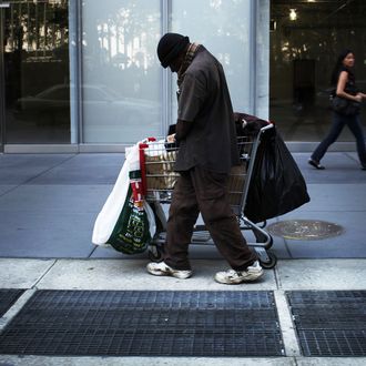 A homeless man walks down the street on June 20, 2011 in New York City. According to an annual report on the city's homeless population conducted by the Coalition for the Homeless, a record 113,553 people turned to shelters last year. This was an eight percent increase over the previous year and is a 37 percent increase since 2002. While the reasons for the increase are numerous, the economy and the unemployment rate played a significant part in the numbers.