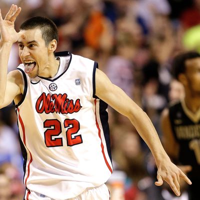 Mississippi guard Marshall Henderson (22) reacts after he made a 3-point shot against Vanderbilt during the second half of an NCAA college basketball game in the semifinals of the Southeastern Conference tournament, Saturday, March 16, 2013, in Nashville, Tenn.