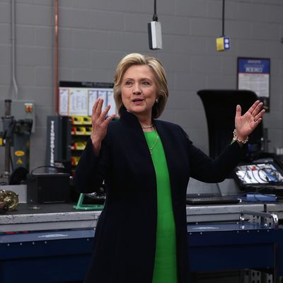 Hillary Clinton talks with members of the media at the Kirkwood Community College Jones County Regional Center on April 14, 2015 in Monticello, Iowa. 