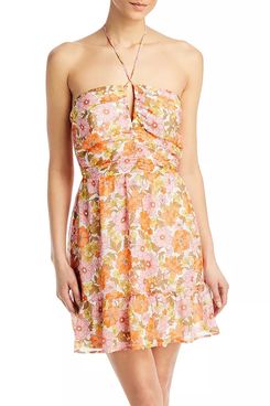 Aqua Retro Floral Print Halter Dress