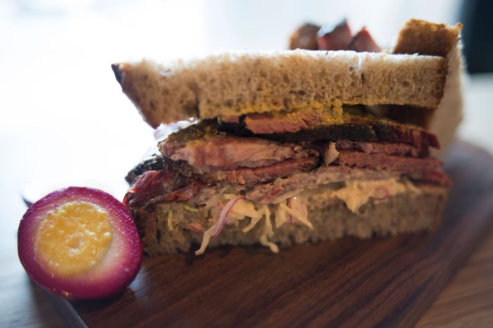 Pastrami on rye with cabbage slaw, Russian dressing, and Gulden's mustard.