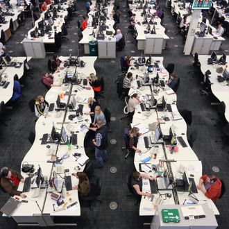 A banking call center with hundreds of people at desks.