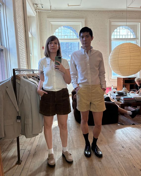 Man and woman wearing corduroy shorts