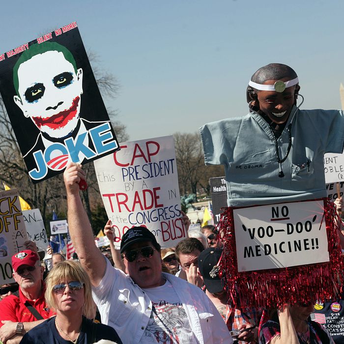 People rally in opposition to government reform of health care in Washington, DC, on March 20, 2010. The 