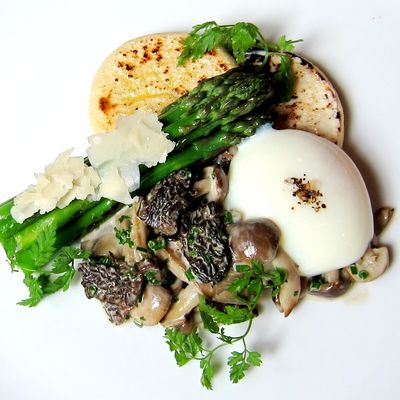 Farm egg with asparagus, morels, and a housemade English muffin.