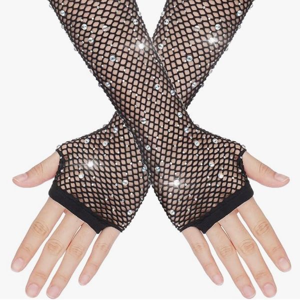 Long Rhinestone Fingerless Fishnet Gloves
