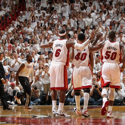 The Miami Heat players celebrate in Game One of the Eastern Conference Finals between the Boston Celtics and the Miami Heat during the 2012 NBA Playoffs on May 28, 2012 at American Airlines Arena in Miami, Florida.