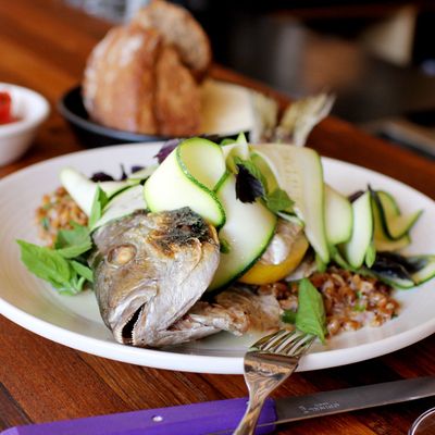 Roasted whole porgy, warm farro, shaved zucchini, and fermented radishes.