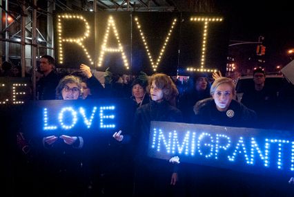 Supporters of the New Sanctuary Coalition rally outside a Homeland Security detention center in New York on January 11 to protest the arrest and probable deportation of immigration activist and sanctuary leader Ravi Ragbir. (Photo by Andrew Lichtenstein/ Corbis via Getty Images)