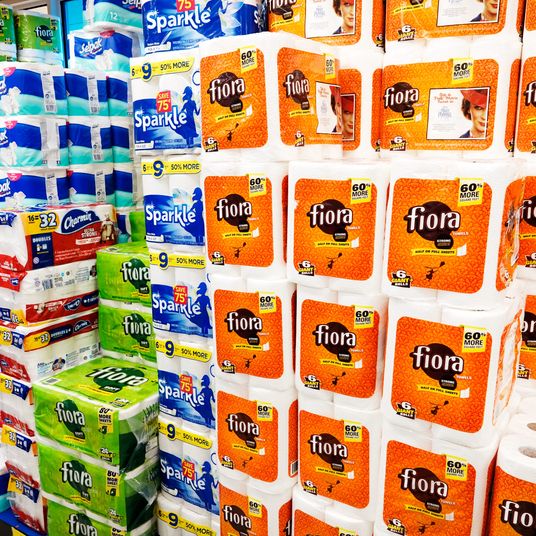 CVS Pharmacy, stacked packaged toilet paper rolls