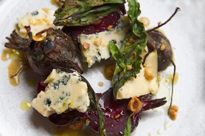 Wood-roasted-beet salad with Rogue Creamery&#8217;s Smokey Blue cheese.