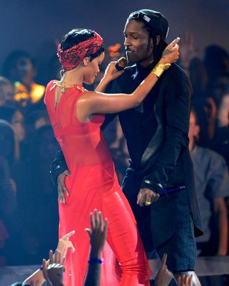 Singer Rihanna (R) and rapper A$AP Rocky perform onstage during the 2012 MTV Video Music Awards at Staples Center on September 6, 2012 in Los Angeles, California.