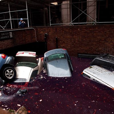 NEW YORK, NY - OCTOBER 30: Cars floating in a flooded subterranian basement following Hurricaine Sandy on October 30, 2012 in the Financial District of New York, United States. The storm has claimed at least 16 lives in the United States, and has caused massive flooding accross much of the Atlantic seaboard. US President Barack Obama has declared the situation a 'major disaster' for large areas of the US East Coast including New York City. (Photo by Andrew Burton/Getty Images)
